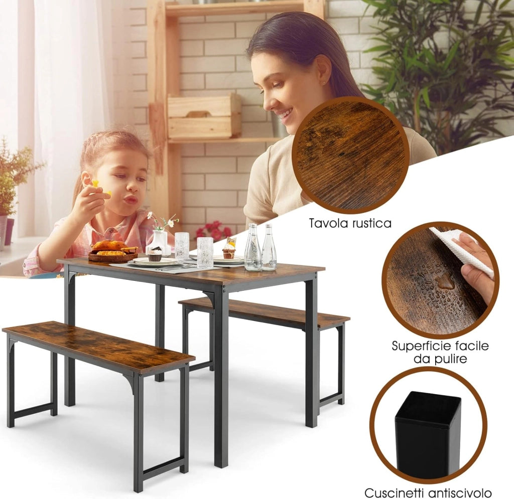 Set 3 Pezzi Tavolo e Panche da Cucina, Set Tavolo da Pranzo 110 cm e 2 Panche per 2-4 Persone con Struttura in Metallo Antiruggine, Set Tavolo e Sedie da Cucina Sala da Pranzo Birreria