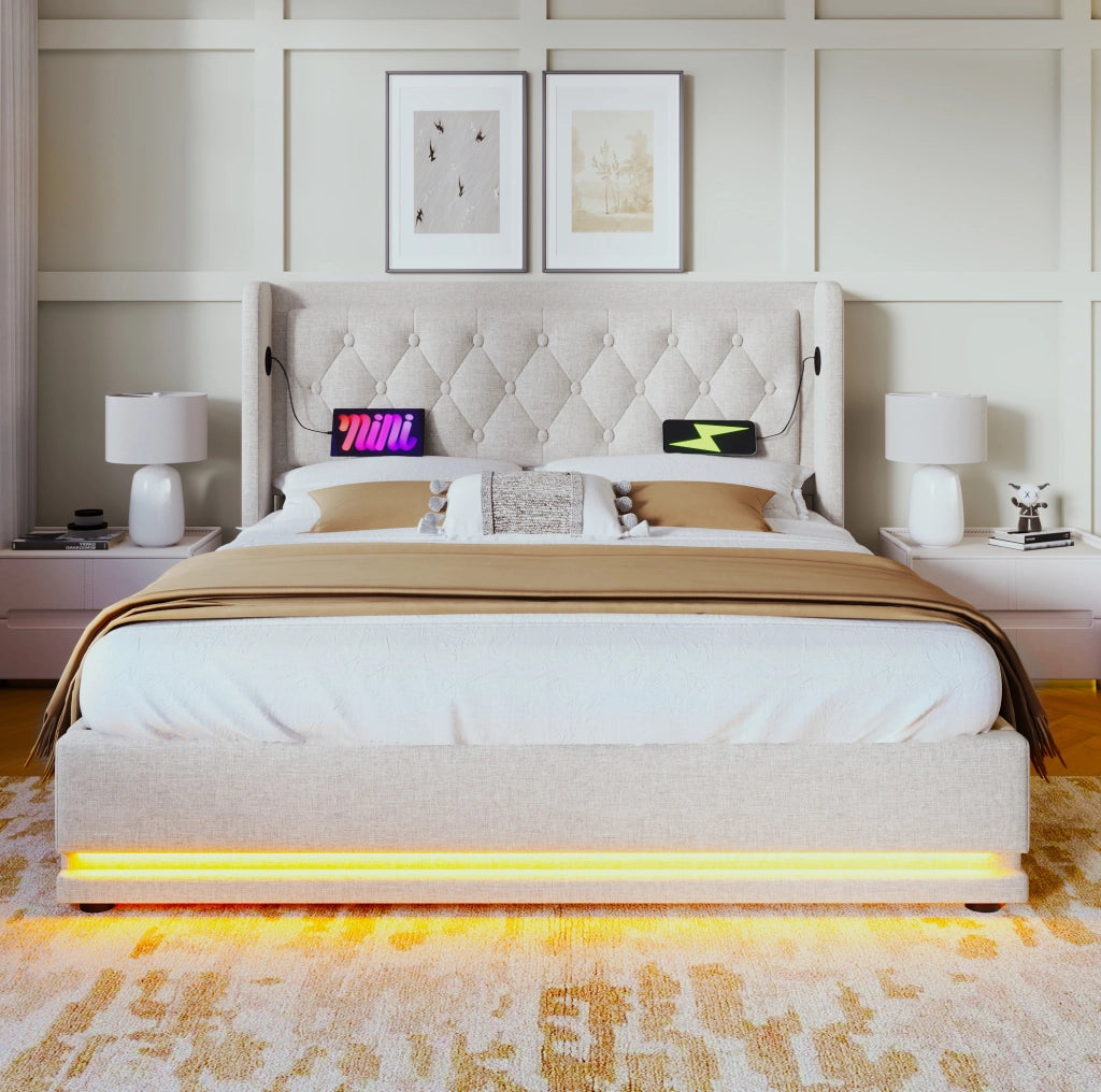 Letto contenitore 160x200 cm beige con LED, USB e Type-C