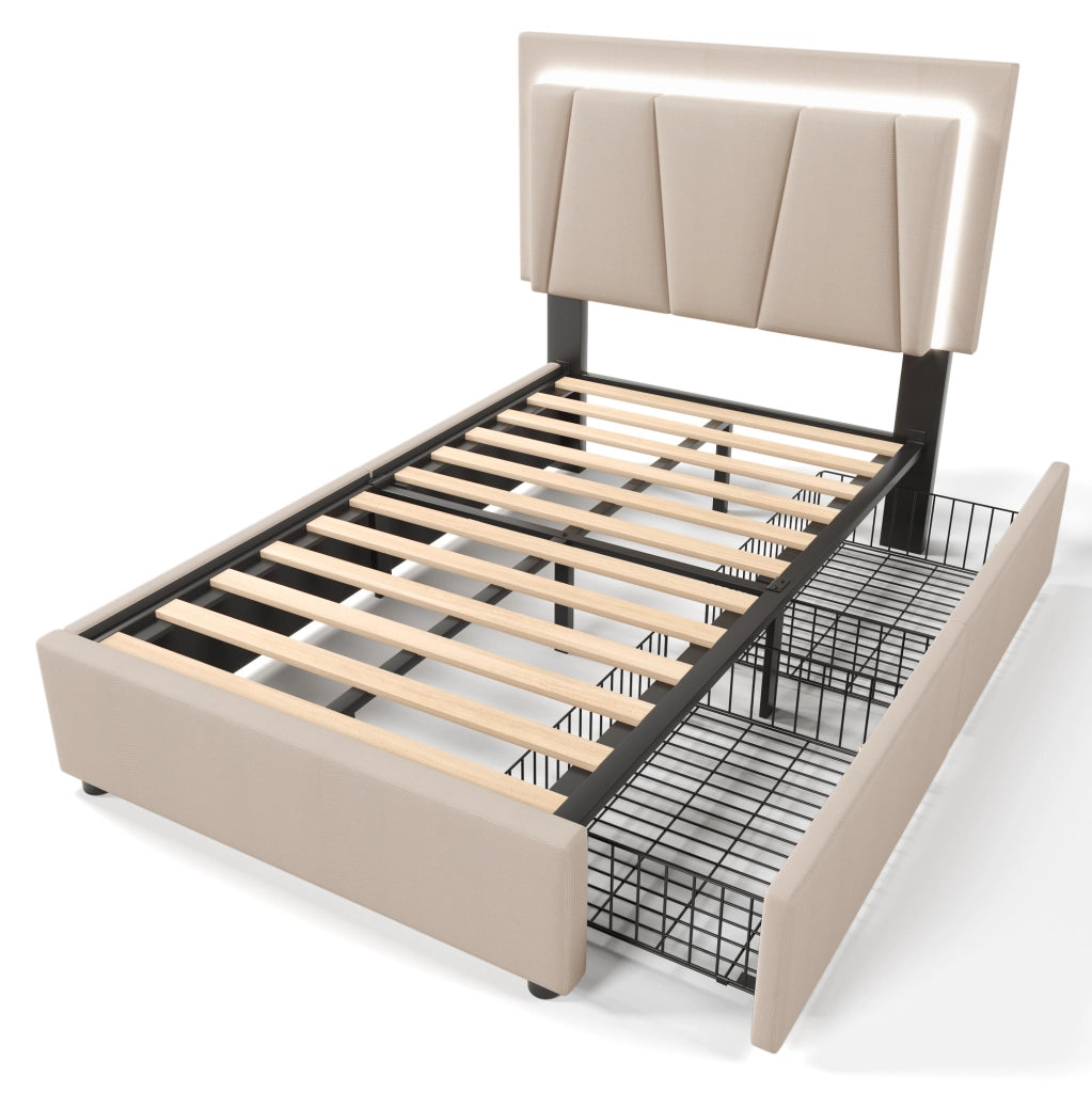 Letto singolo 90x200 cm con LED e 2 cassetti; testiera regolabile; beige