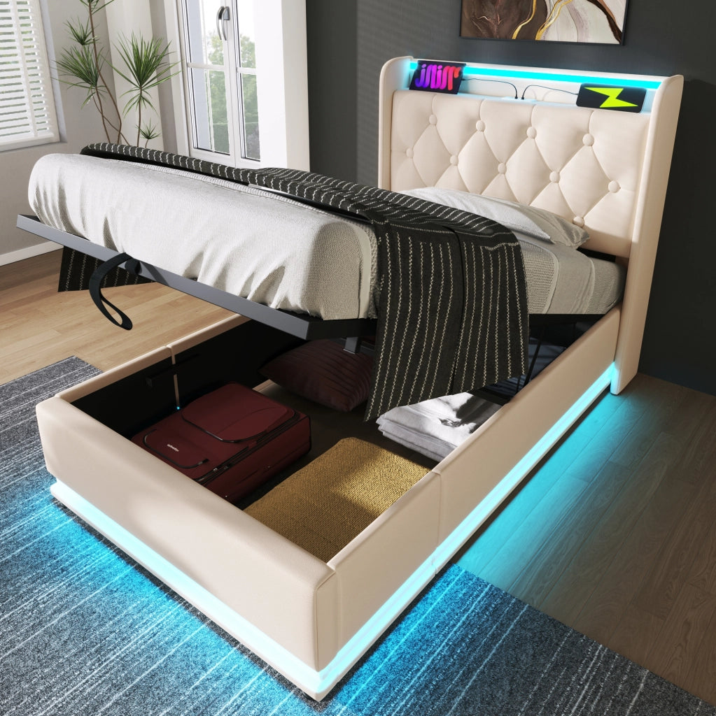 Letto singolo 90x200 cm in PU bianco con LED; USB e Type-C; contenitore idraulico