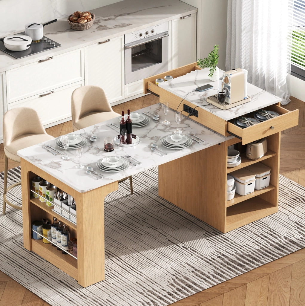 Isola cucina mobile con tavolo estensibile e prese, naturale