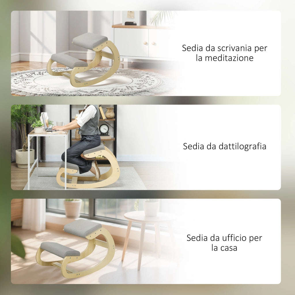 Sedia Ergonomica con Inginocchiatoio 55x85x55 cm Reclinabile in Tessuto Effetto Lino e Legno Grigio Chiaro
