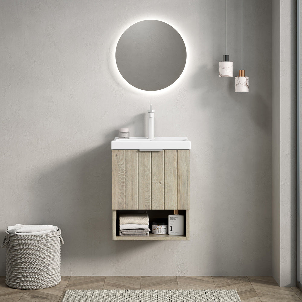 Mobile bagno sospeso - Xylo - 42 cm - Bianco - Lavabo ceramica, ante doppie