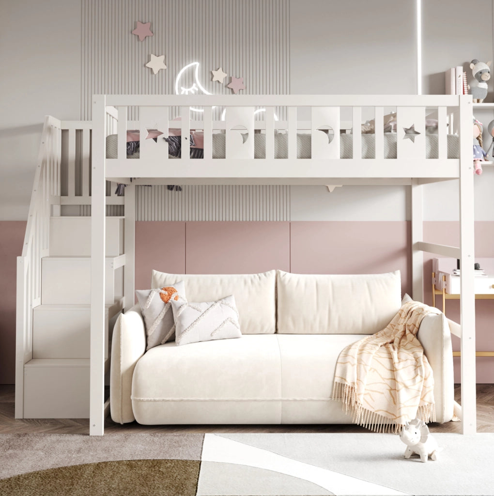 Letto a soppalco 140x200 cm con scala; ripiani e zona divano bianco