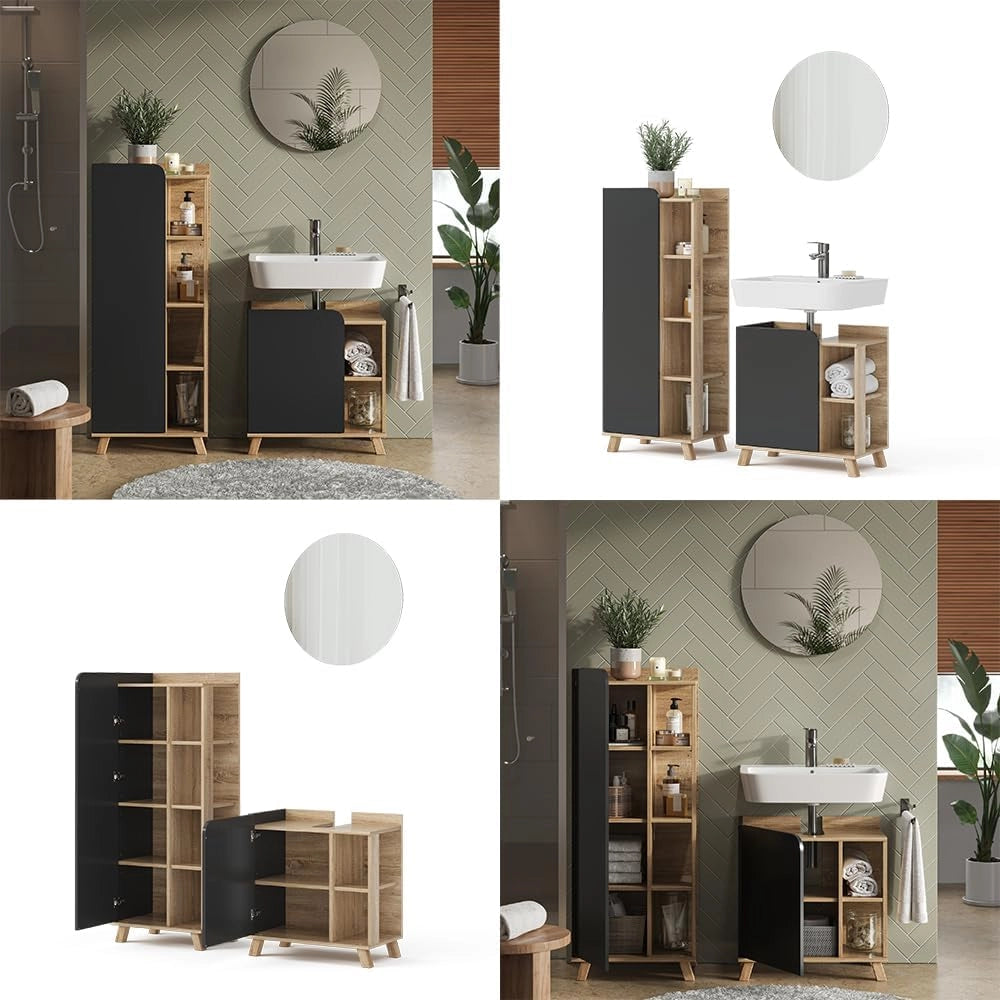 Set di mobili da bagno Karen, Sonoma/antracite, 60 cm, composto da mobile sottolavabo, specchiera e colonna alta