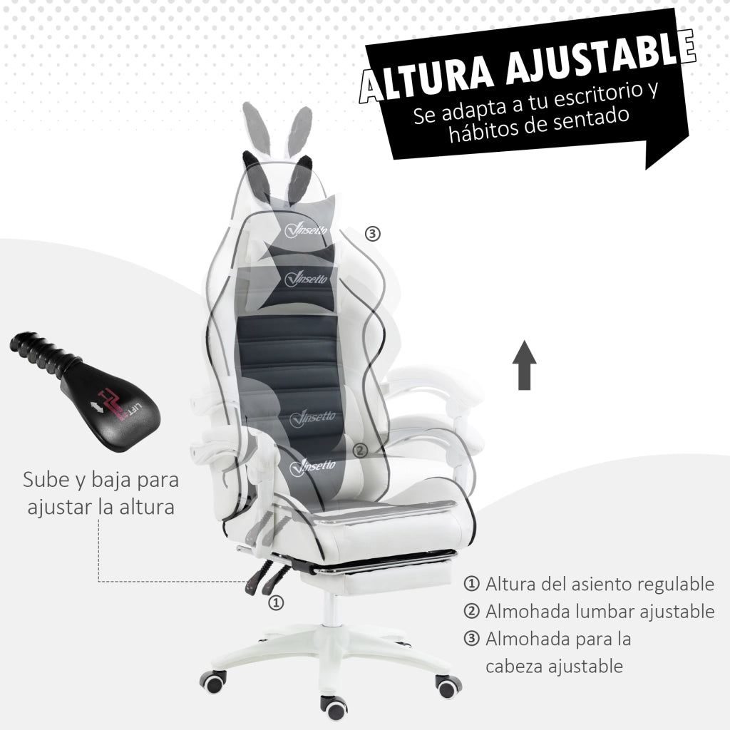 Sedia Gaming Professionale ¨C Xylo ¨C Pelle PU Nero e Bianco Altezza Regolabile 135¡ã 65x63x136-142cm