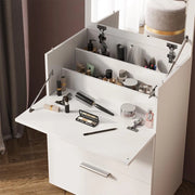 Tavolo da toeletta Hanna, Bianco, 65.8 cm con 2 cassetti, con specchio ribaltabile per l’uso come toeletta o cassettiera