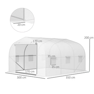 Serra a Tunnel da Giardino con 6 Finestre e Porta a Rullo 3,5x3x2 m in Acciaio e PE Bianco