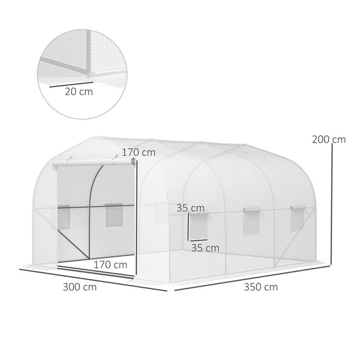 Serra a Tunnel da Giardino con 6 Finestre e Porta a Rullo 3,5x3x2 m in Acciaio e PE Bianco