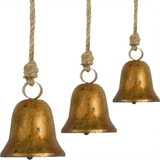 Campanelli artigianali in stile rustico, campanelli in ferro vintage con corda di juta per appendere, 3 misure di campanelli antichi per decorazione di Natale, esclusivamente per Natale