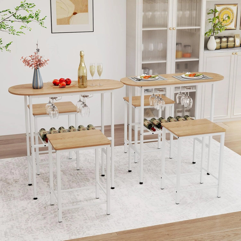 Tavolo da Pranzo con 2 Sgabelli, Tavolino e Sedie con Portabottiglie, Poggiapiedi e Struttura in Metallo, Mobili da Cucina per Bar, Bistro e Soggiorno (Naturale e Bianco)