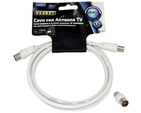 Cavo antenna tv spina/presa bianco 1,5m + adattatore spina/spina