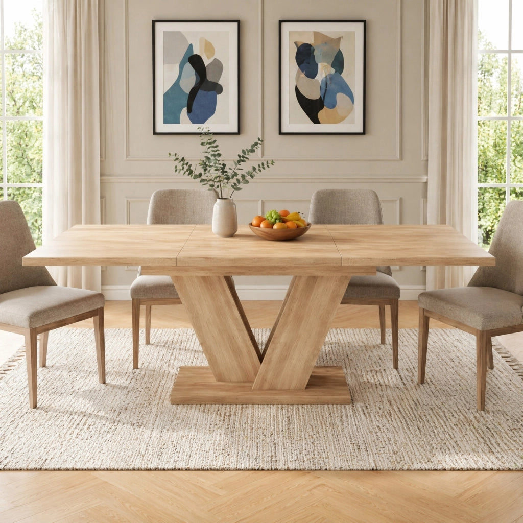 Tavolo da pranzo allungabile 140-180x80 cm effetto rovere con gambe a V in metallo HOMVRA