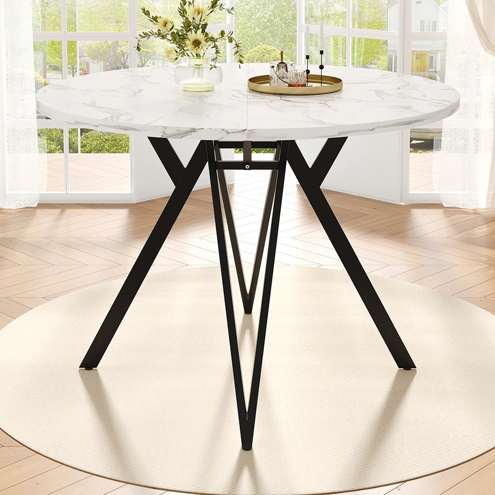 Set tavolo-Xylo-100cm rotondo 4 sedie grigio piedi neri piano marmorizzato
