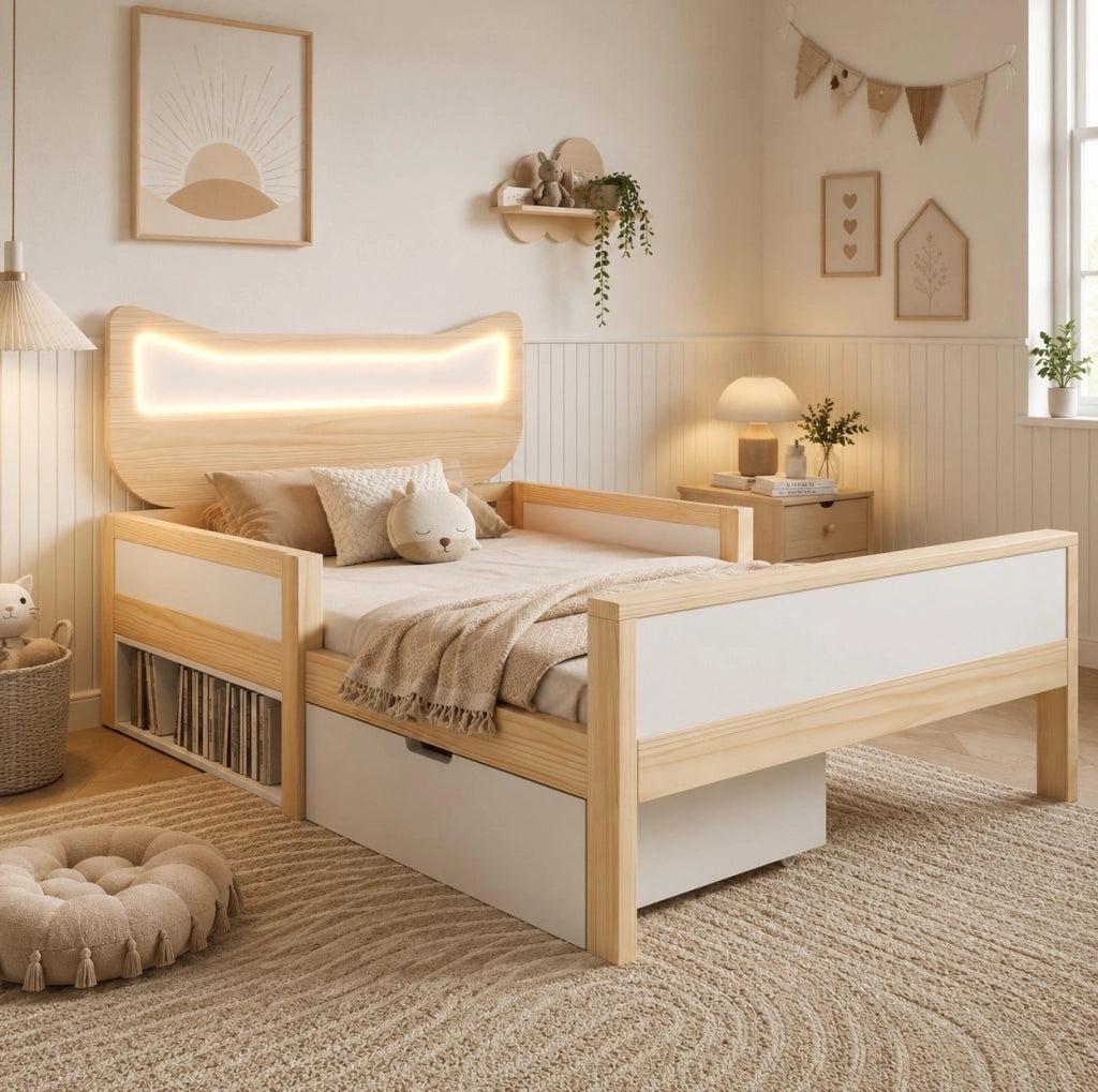 Letto per bambini 90x200 cm con testiera gatto LED RGB, cassetto e sponde