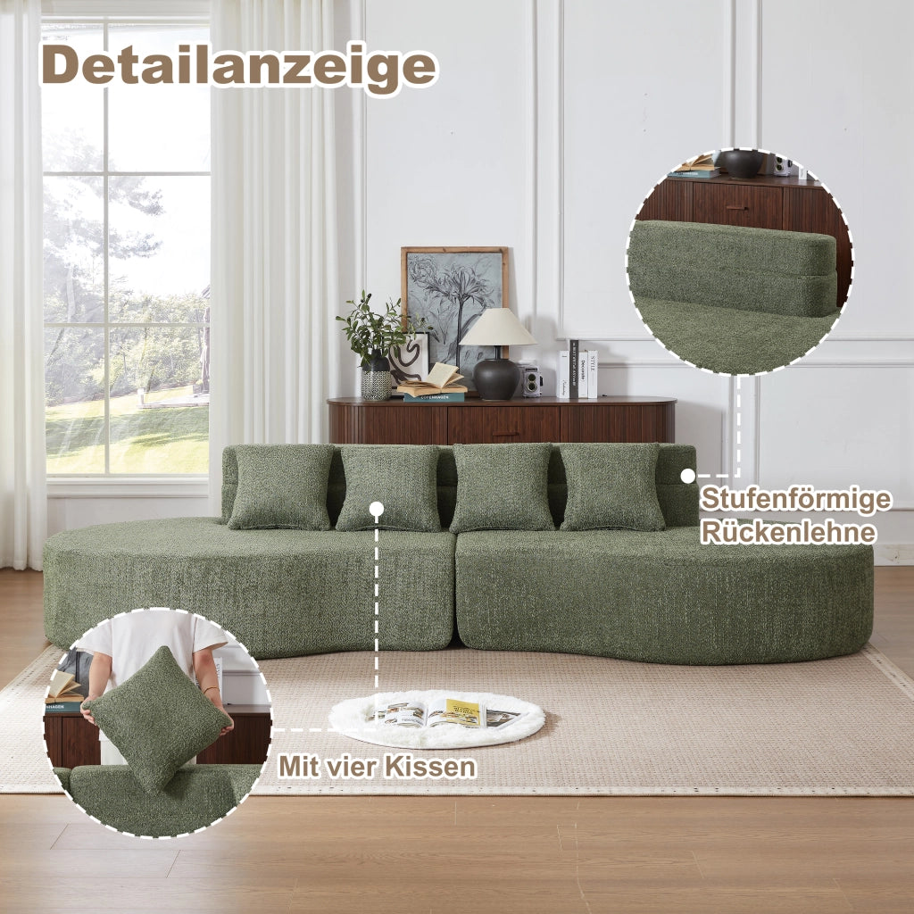 Divano modulare in schiuma con design curvo e schienale a strati, divisibile in due, rivestimento in ciniglia verde