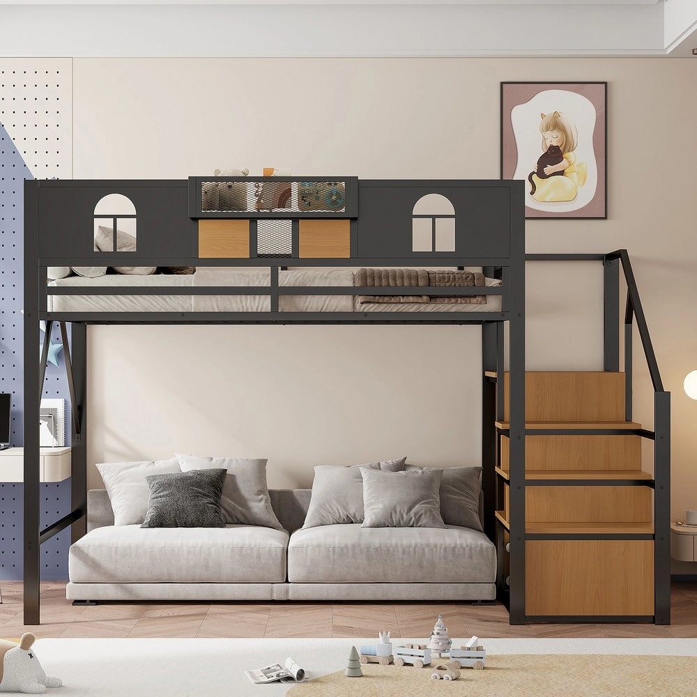 Letto a Soppalco in Metallo con Contenitore ¨C MINIMAL ¨C Nero 140x200