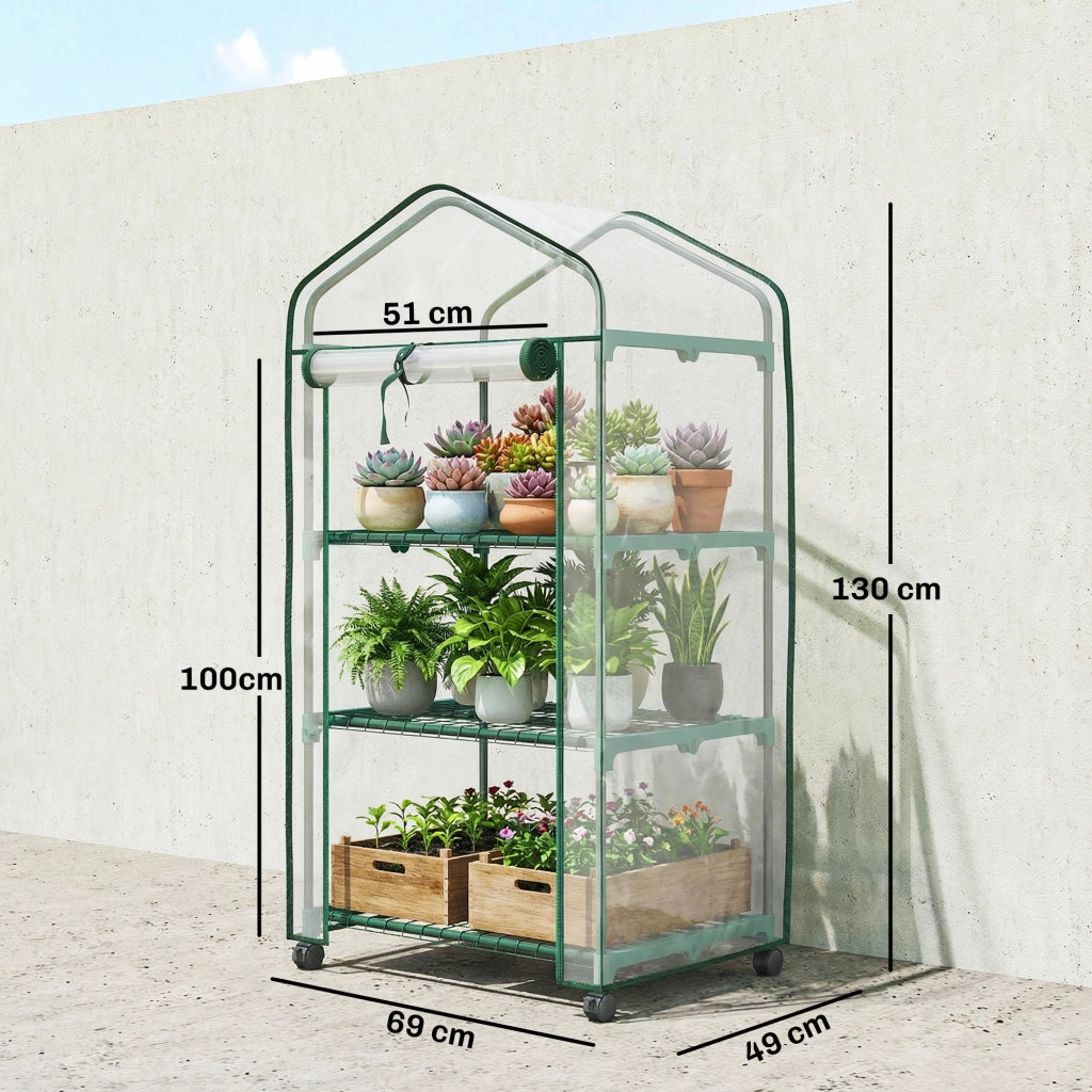 Serra da giardino con 3 ripiani, copertura in PVC, porta a rullo ¨C zephmum ¨C trasparente 69x49x130 cm