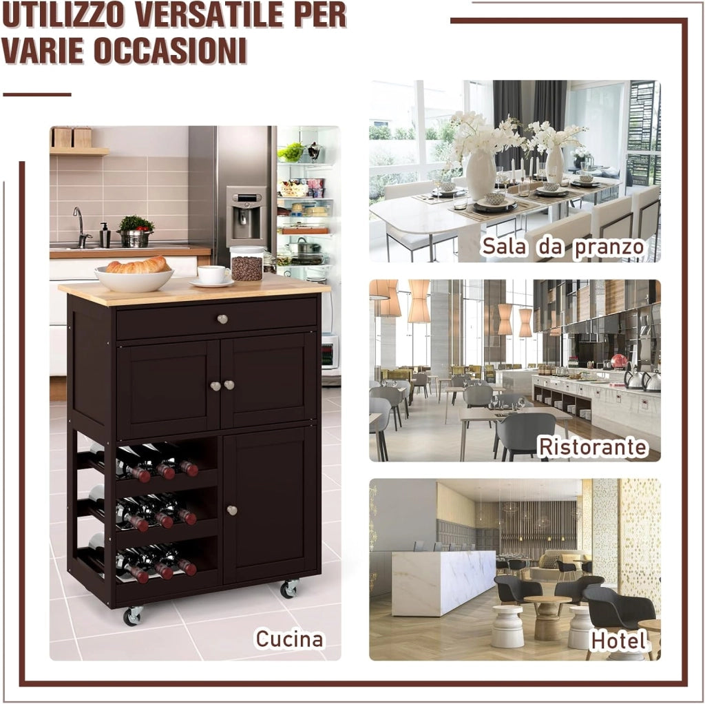 Carrello da Cucina, con Portabottiglie Tre Ante e Ruote, Credenza Cucina in Legno di Pino e MDF, Ideale per Soggiorno e Cucina, 67 x 37 x 86 cm (Marrone)
