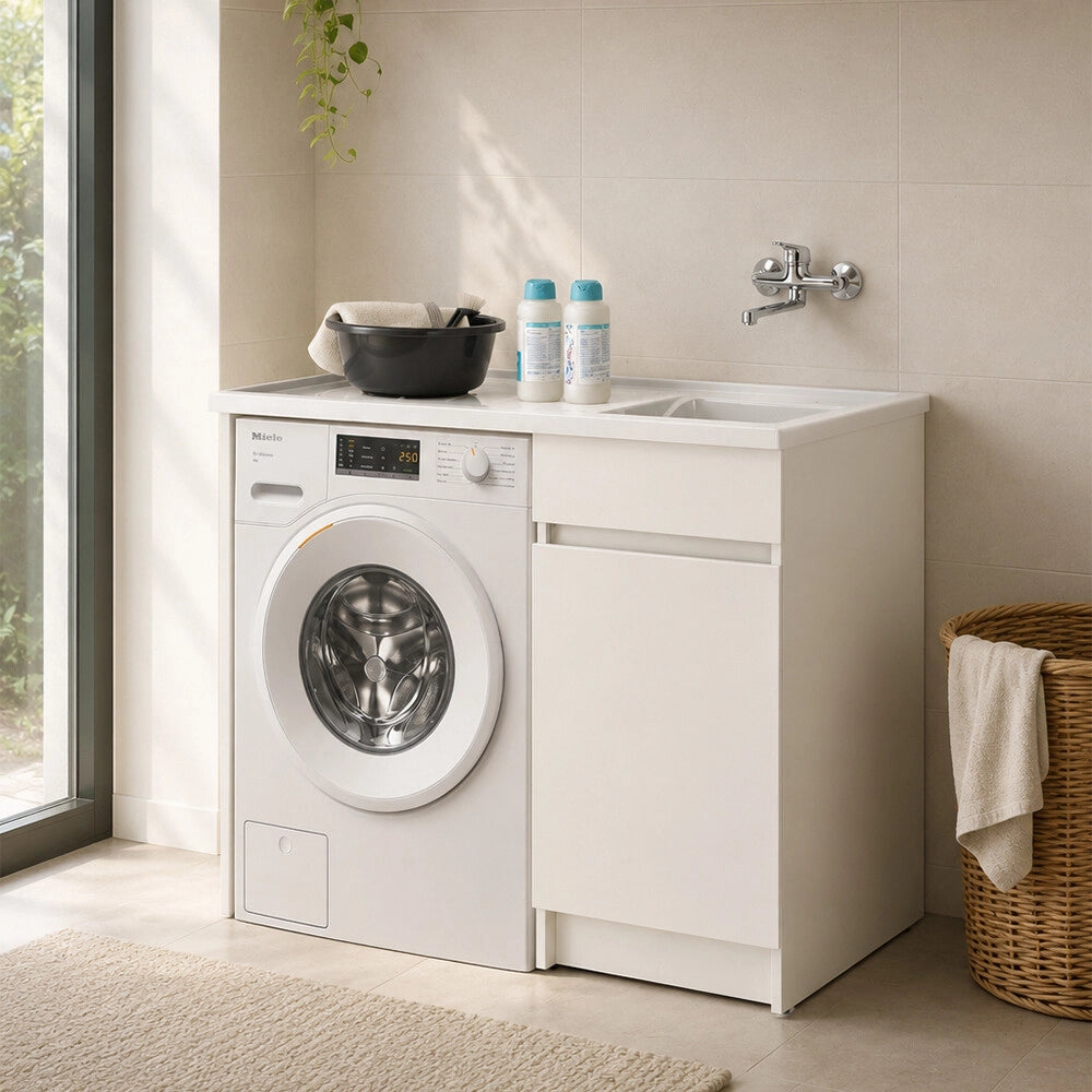 Mobile lavatoio 106x50 bianco con coprilavatrice e vasca e kit di scarico