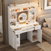 Tavolo da trucco con specchio rotondo, illuminazione LED, 4 cassetti, 4 vani aperti, 2 armadietti e 2 ante in vetro, bianco, 120¡Á40¡Á160 cm