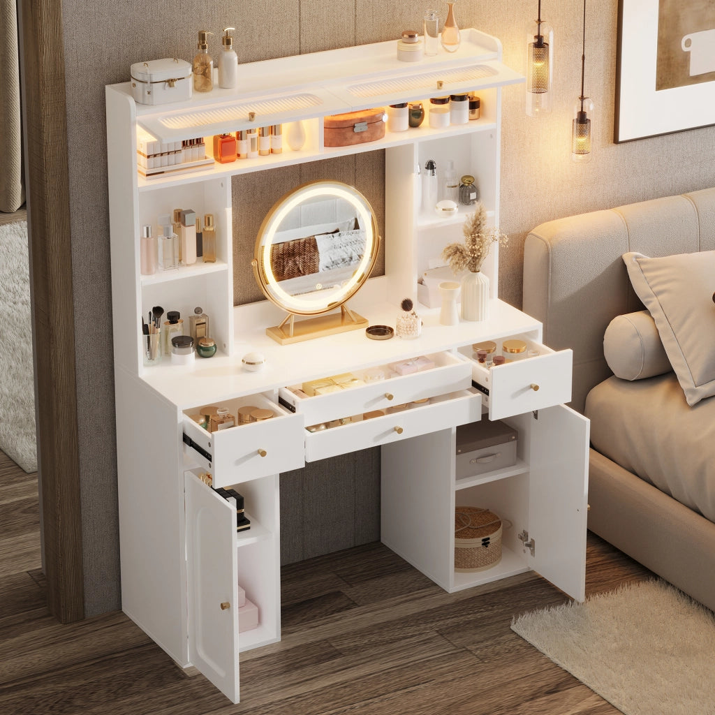Tavolo da trucco con specchio rotondo, illuminazione LED, 4 cassetti, 4 vani aperti, 2 armadietti e 2 ante in vetro, bianco, 120¡Á40¡Á160 cm