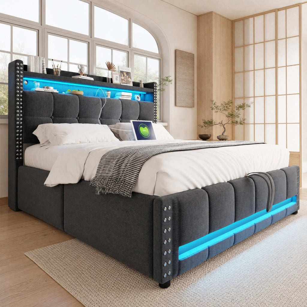 Letto imbottito 140 x 200 cm grigio con LED, USB e vano contenitore