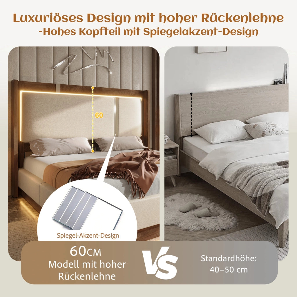 LETTO Contenitore 140x200 cm Beige in lino e legno con LED