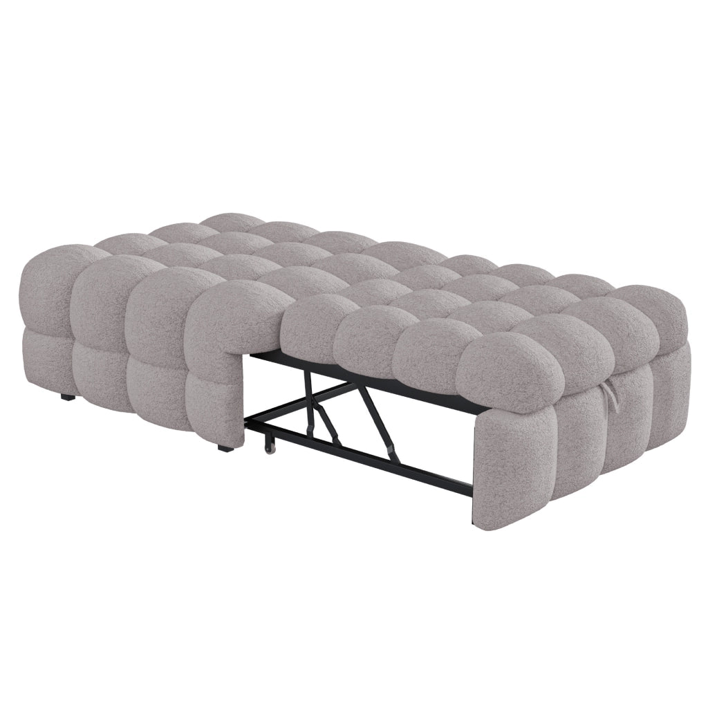 Divano Letto Singolo 2-in-1 con Pouf Estraibile in Bouclé Grigio