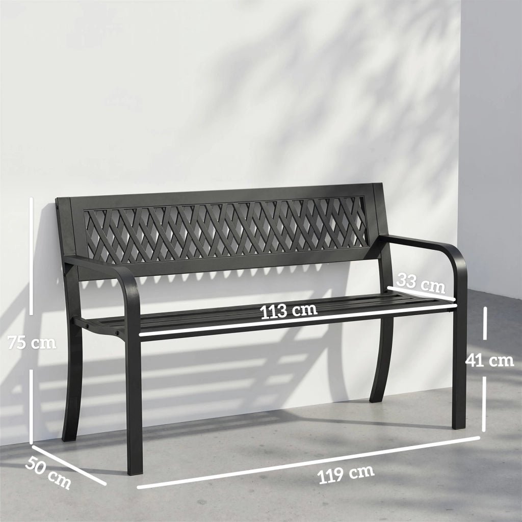 Panchina da Giardino 2 Posti a Doghe con Braccioli, in Metallo, 119x50x75 cm, Nero