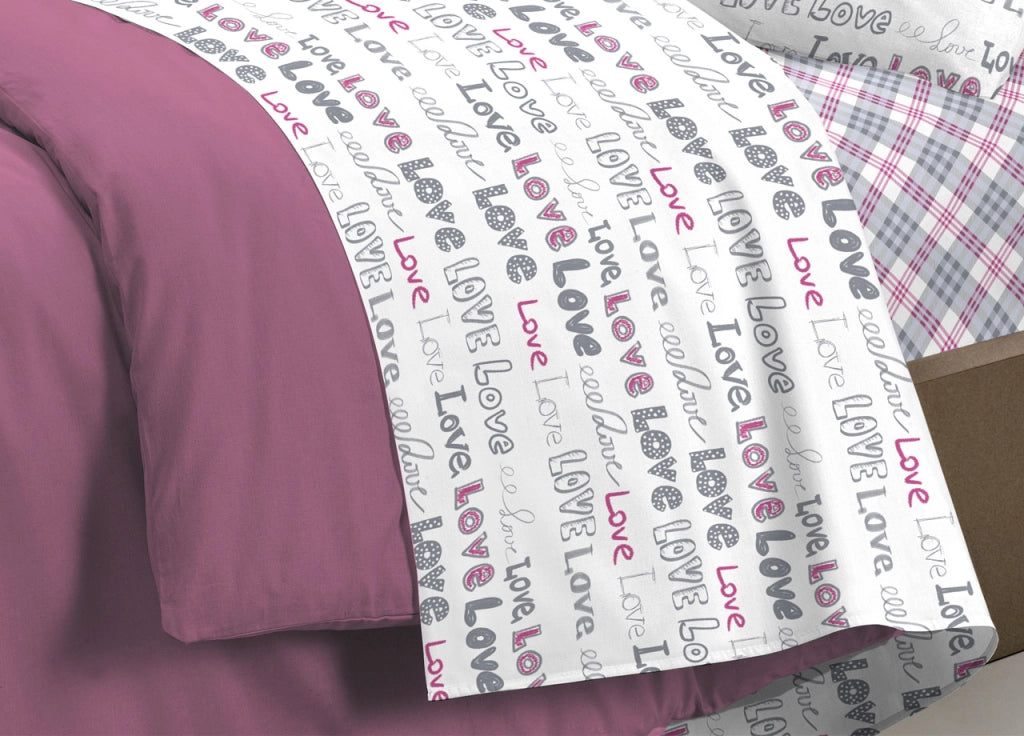 Completo Lenzuola Letto Linea Young 100% Cotone Disegno Love Love - Matrimoniale - Rosa