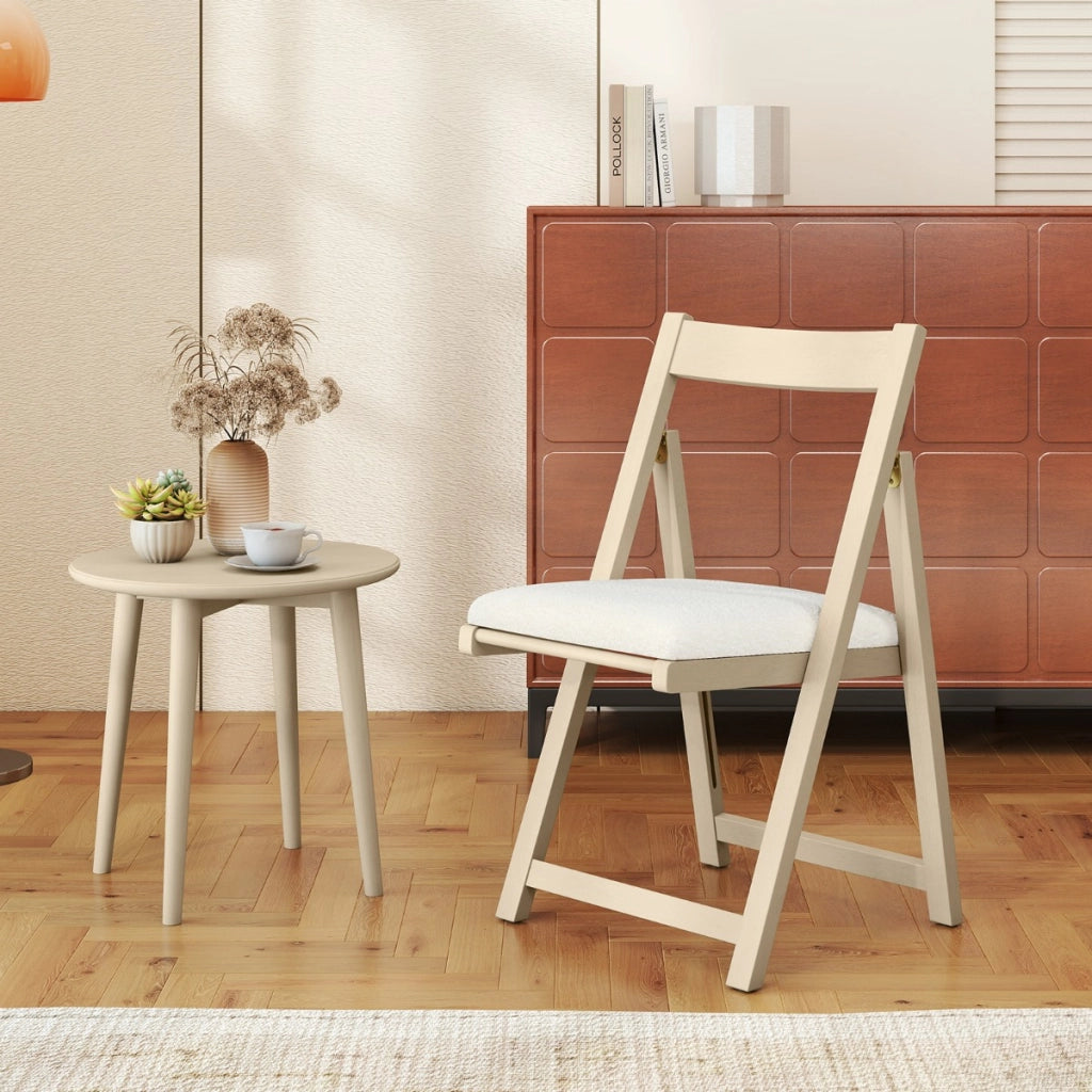 Set di 2 sedie pieghevoli con struttura in legno di gomma, Sedie imbottite per sala da pranzo e matrimonio Beige