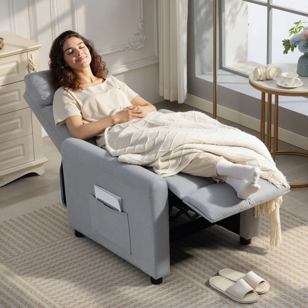 Poltrona Reclinabile 135° Max 73x86x100 cm in Tessuto Effetto Lino Schiuma Acciaio e Legno Grigio Chiaro