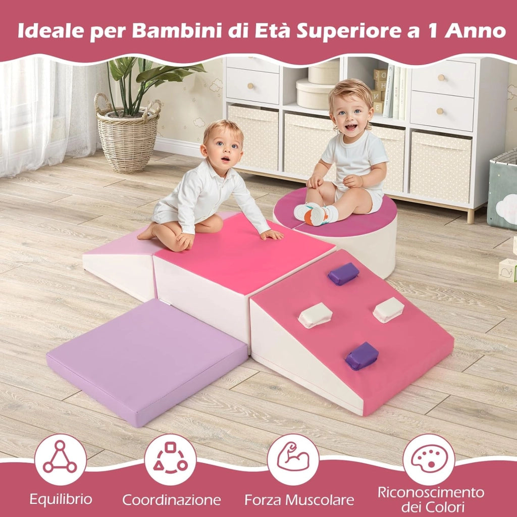 Set di 6 Blocchi di Schiuma per Arrampicata per Bambini, Blocchi in Schiuma per Arrampicarsi e Strisciare, Costruzione Mattoncini Morbidi per Bambini 12+ Mesi (Rosa)