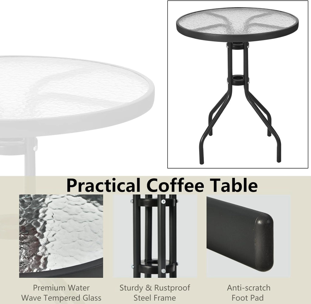 Set da Bistrò in Tessuto Textilene, Set da Giardino in 3 Pezzi, Tavolo Rotondo in Vetro Portato 50 kg, Sedie Portate 150 kg, Set Tavolo e Sedie da Esterno, Patio, Cortile, Veranda (Nero)