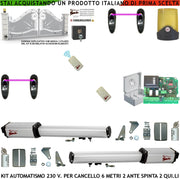 Automazione Cancello 6 Metri 2 Ante Kit Base Motori Elettromeccanici 230 V Corsa 500 mm Spinta 2 Q.li Centrale Con Radio 2 Coppie di Fotocellule 2 Radiocomandi Faro 2 Chiavi Sblocco Cartello Monitore