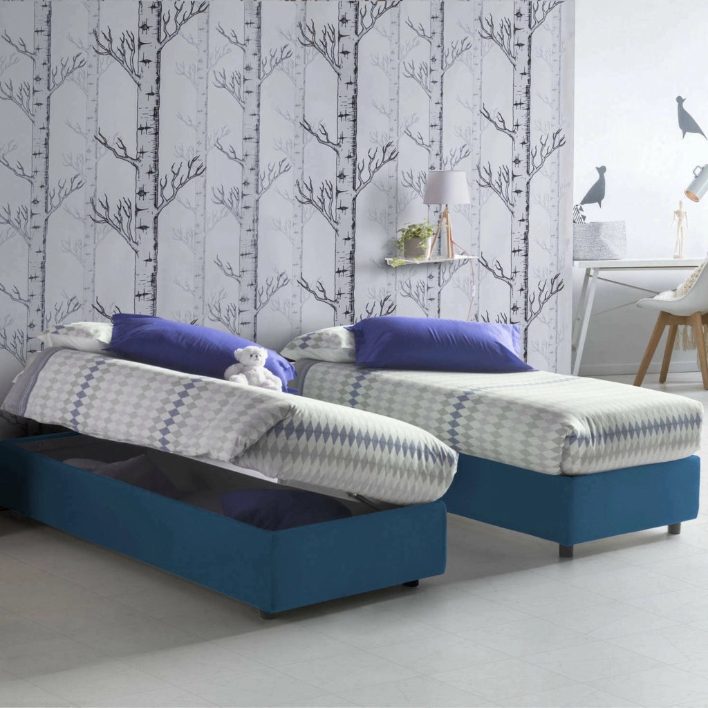 Letto singolo Adoxa, Letto contenitore con rivestimento in tessuto, Made in Italy, Apertura laterale, adatto per materasso cm 80x190, Blu
