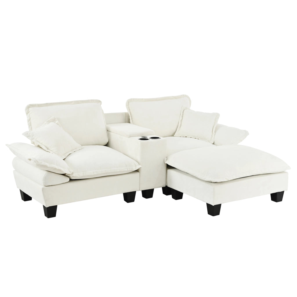 Divano modulare angolare con contenitore; porta bicchieri e USB; in chenille beige