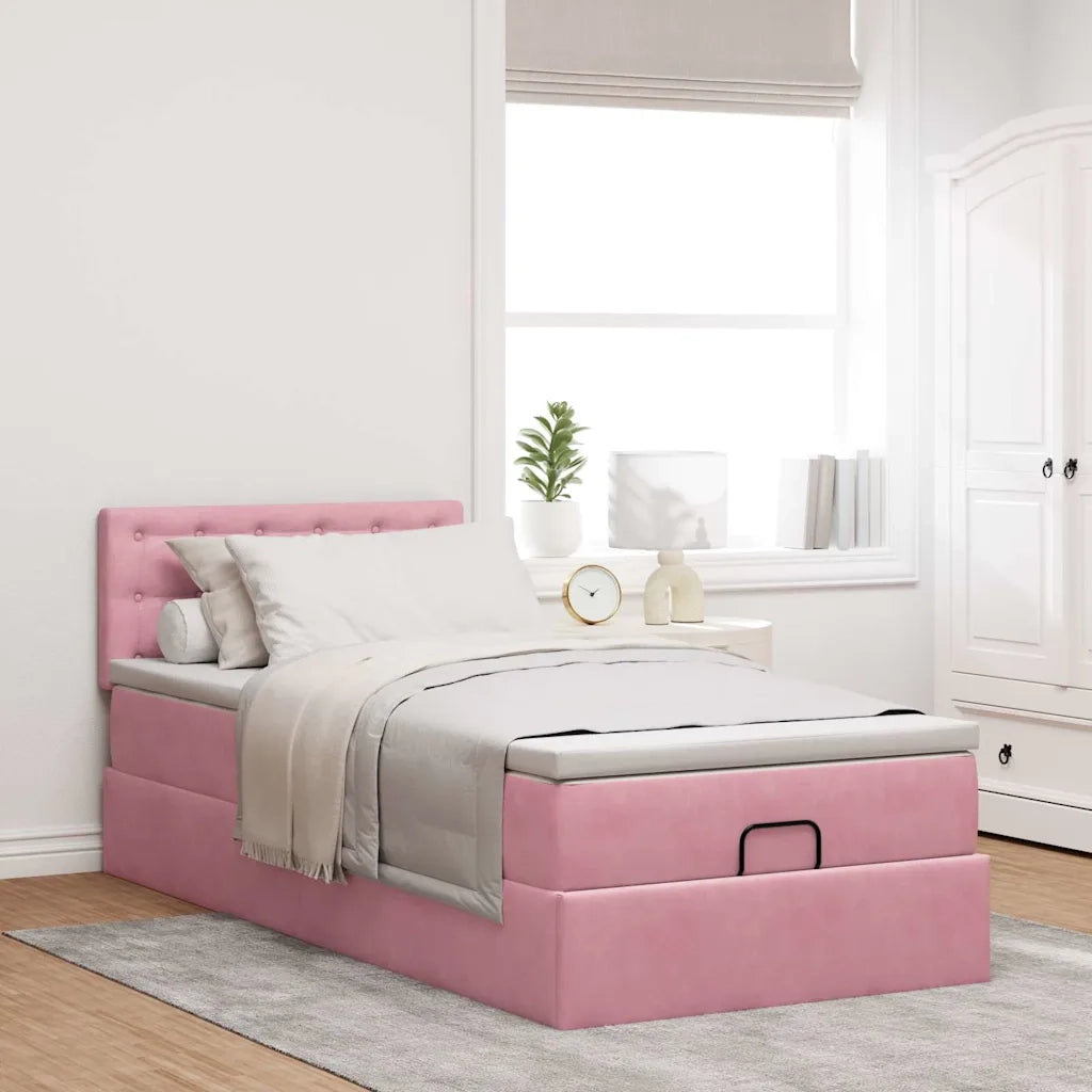 Struttura Letto Pouf con Materasso Rosa 90x190 cm in Velluto 3312739