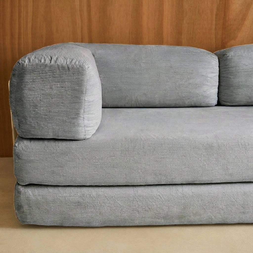 Divano letto futon in velluto a coste e struttura cromata, grigio