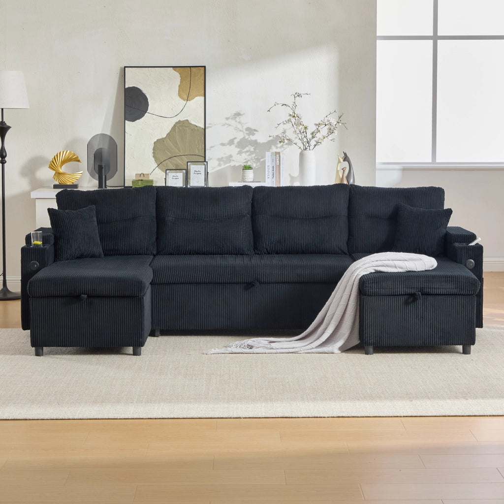 Divano a 4 posti con doppia chaise longue; contenitore; portabicchieri e USB Type-C; nero