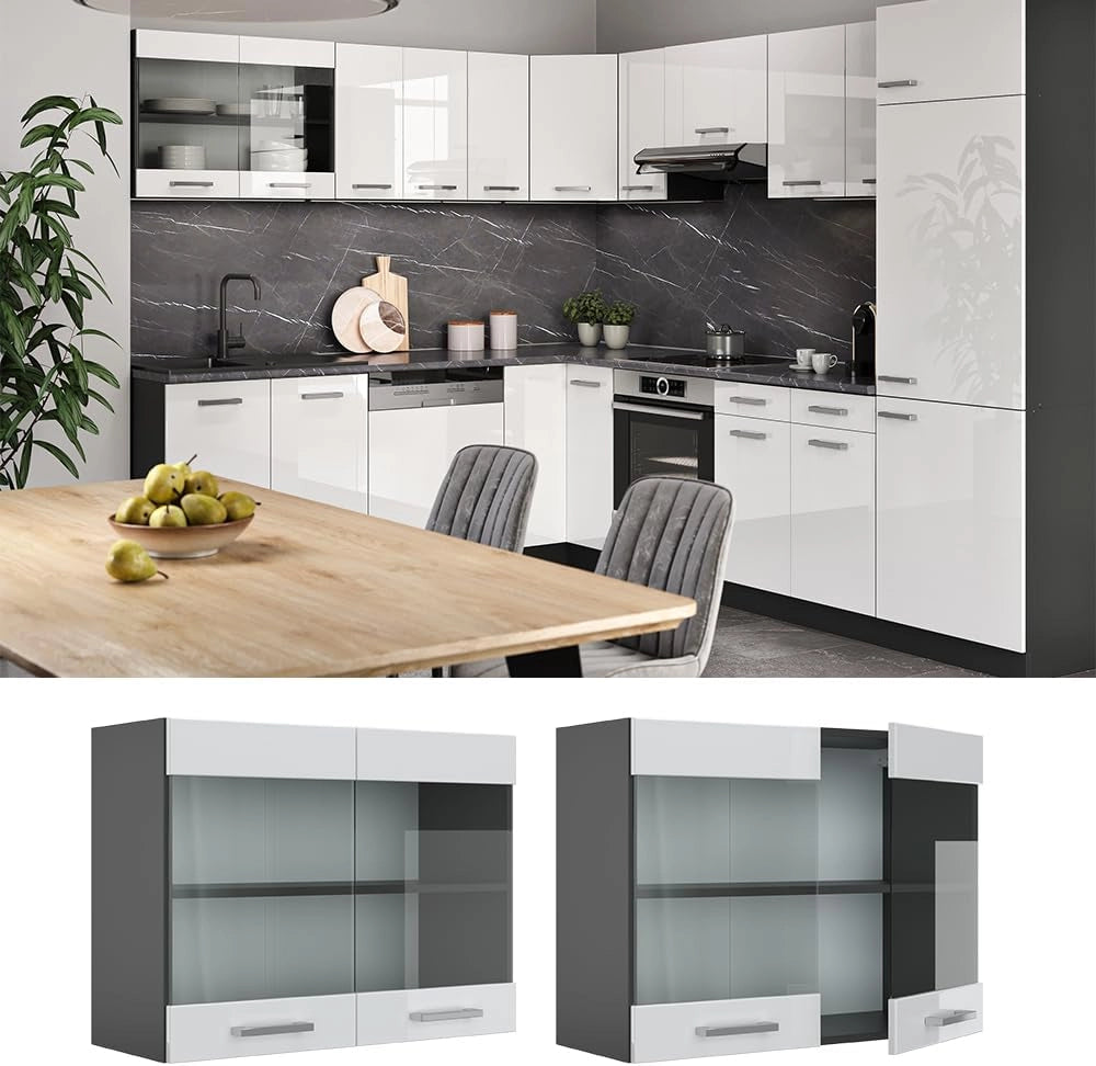 Mobile da cucina in vetro R-Line, Bianco lucido, 80 cm, per la libera combinazione all'interno di sistemi cucina modulari