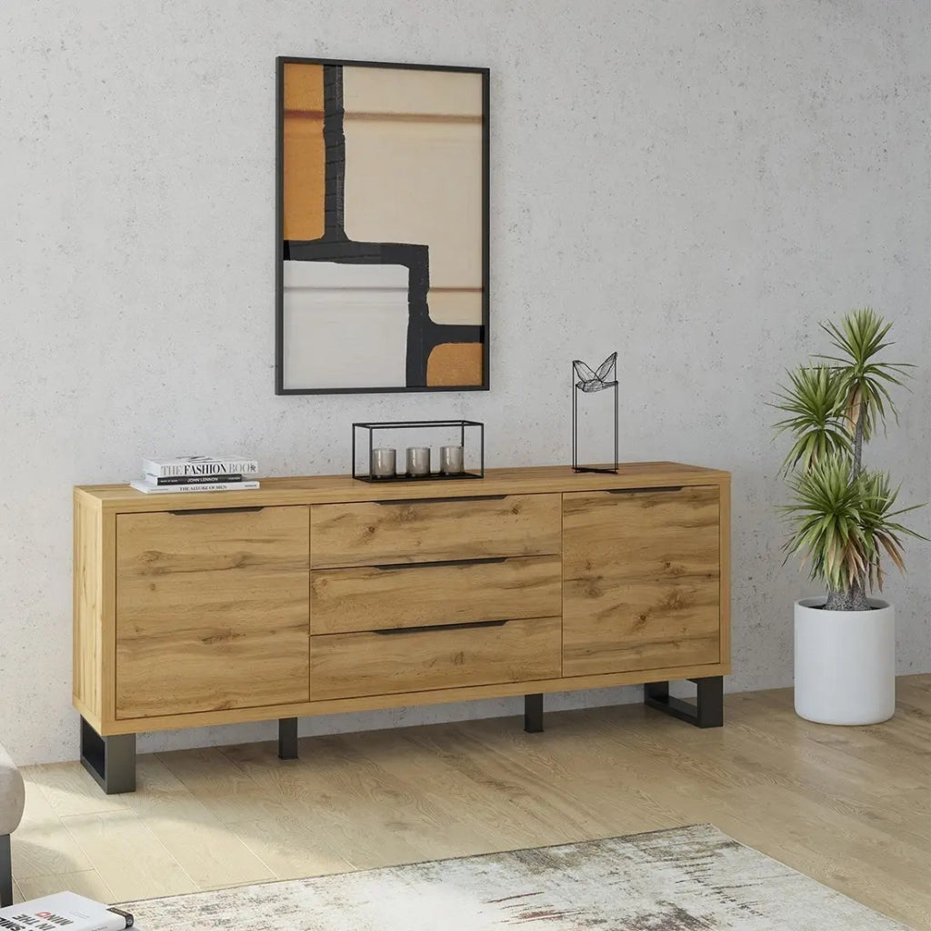 Buffet 2 porte 3 cassetti MILO – Rovere chiaro e nero – Stile industriale robusto