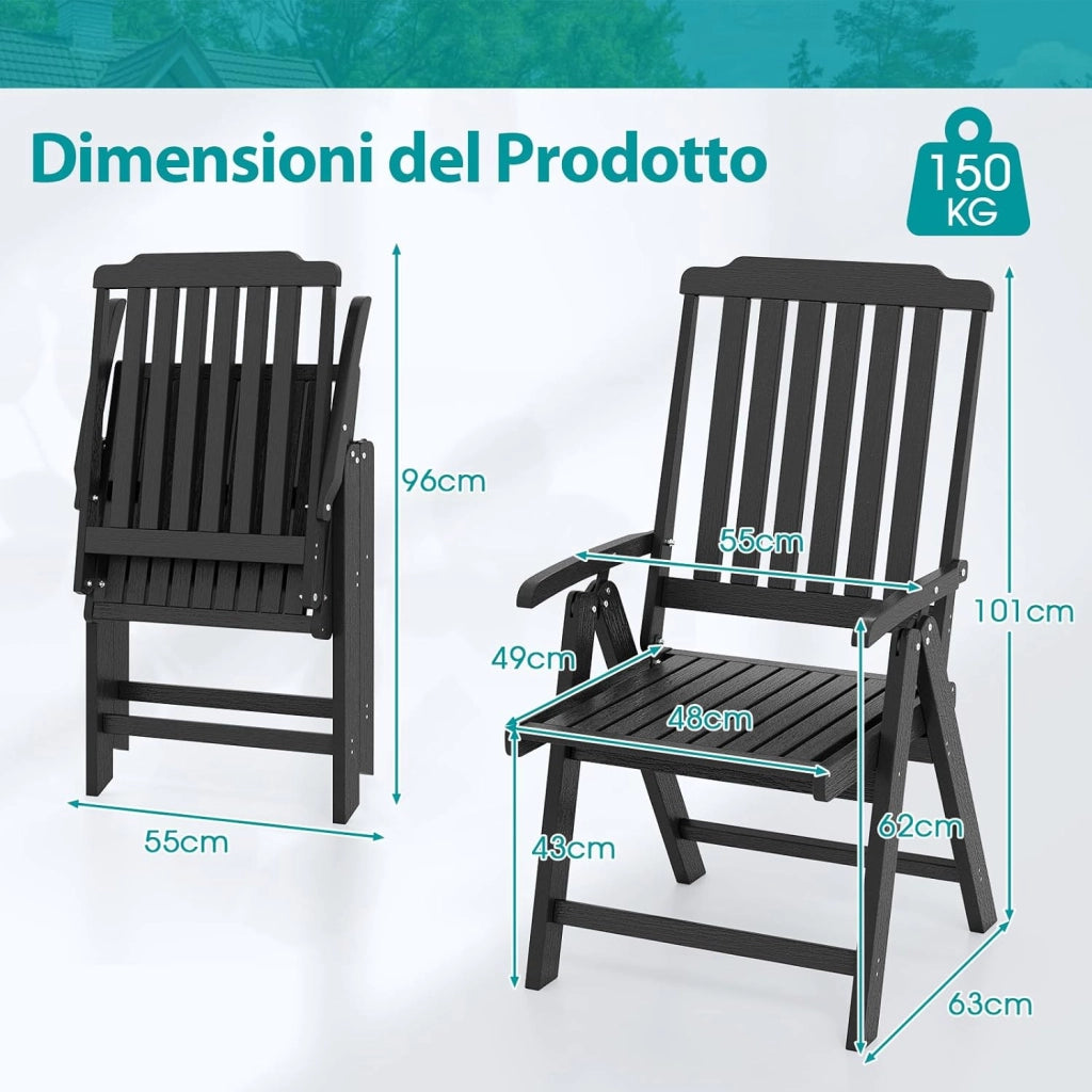 Sedia Esterno Pieghevole, Sedia Ergonomica in HDPE con Braccioli, Schienale Curvo e Seduta a Doghe, Poltrona Pranzo per Giardino Balcone Patio, Portata 150 kg (Nero)
