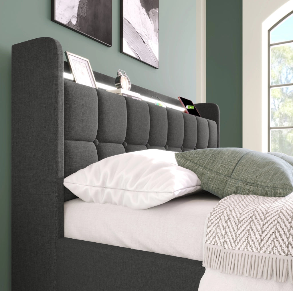 Letto singolo 90x200 cm con testiera USB; luci LED e 2 cassetti; grigio