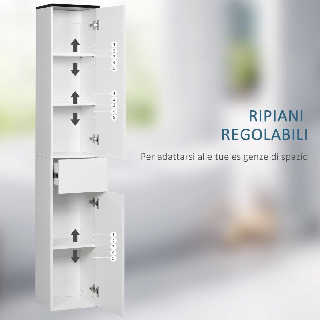Easycomfort Mobile Bagno con Ripiano Regolabile, 2 Ripiani Chiusi e un Cassetto in Legno, 30x28x180 cm, Bianco