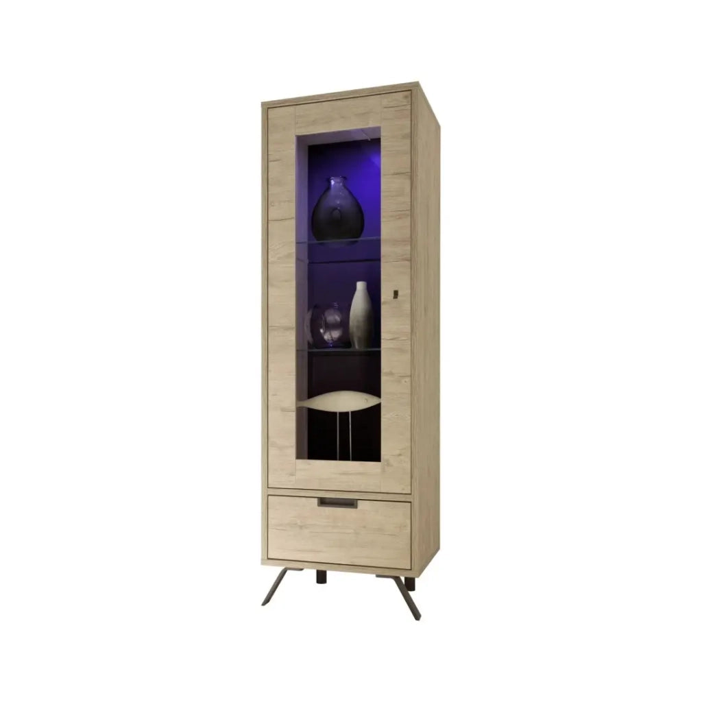 Vetrina 1 porta in vetro con 1 cassetto, collezione SHOW, colore rovere chiaro