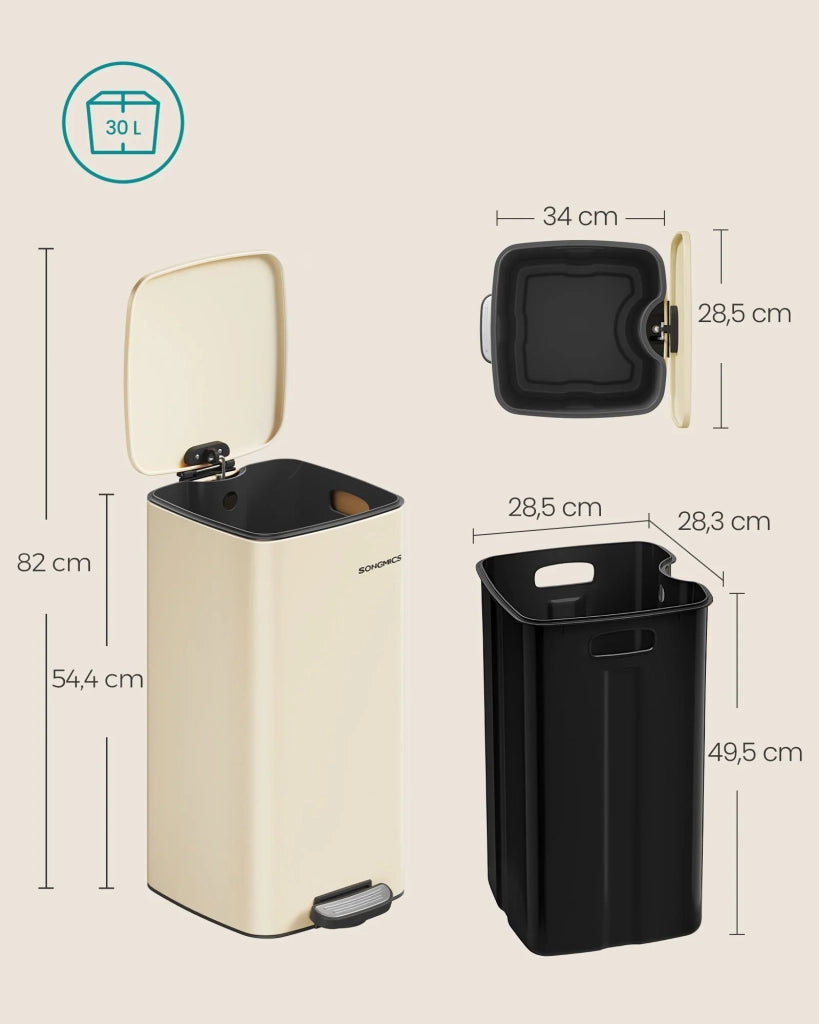 Pattumiera da cucina pattumiera a pedale da 30 litri in acciaio con secchio interno coperchio con chiusura ammortizzata e meccanismo di apertura e chiusura ammortizzata beige argento metallizzato 12_0007228