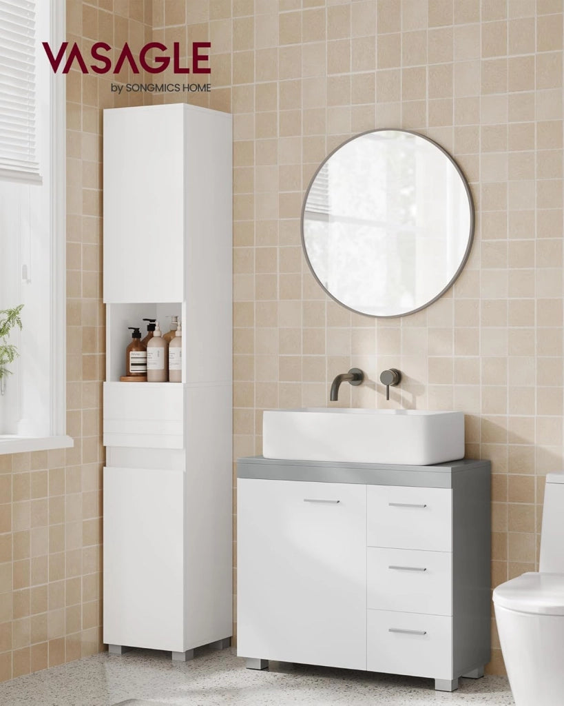VASAGLE Mobile Sottolavabo per Bagno, Mobiletto da Bagno, 3 Cassetti Laterali, 2 Scomparti dietro l'Anta, per Lavabi con Colonna, con Piedini, 30 x 70 x 64 cm, Bianco Nuvola e Grigio Tortora BBK504W02