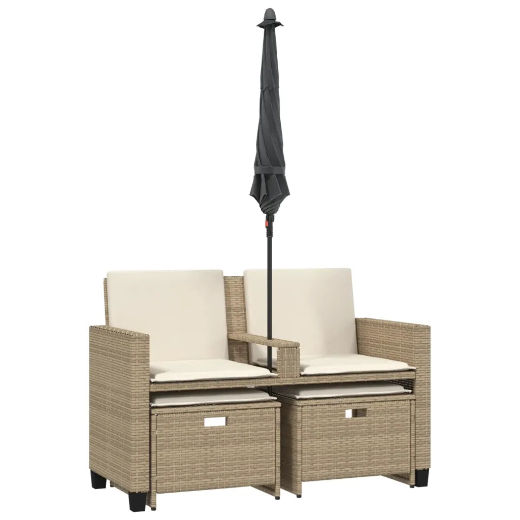 Divano Giardino 2Posti Ombrellone e Sgabelli Beige Polyrattan 365886